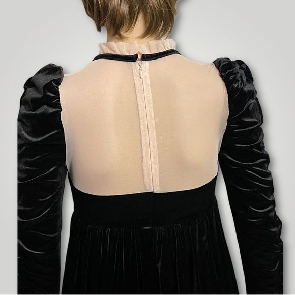 Chelsea & Violet Black Velvet Empire Waist Nude Mesh Hi Neck Ruched Sleeve - Picture 9 of 9